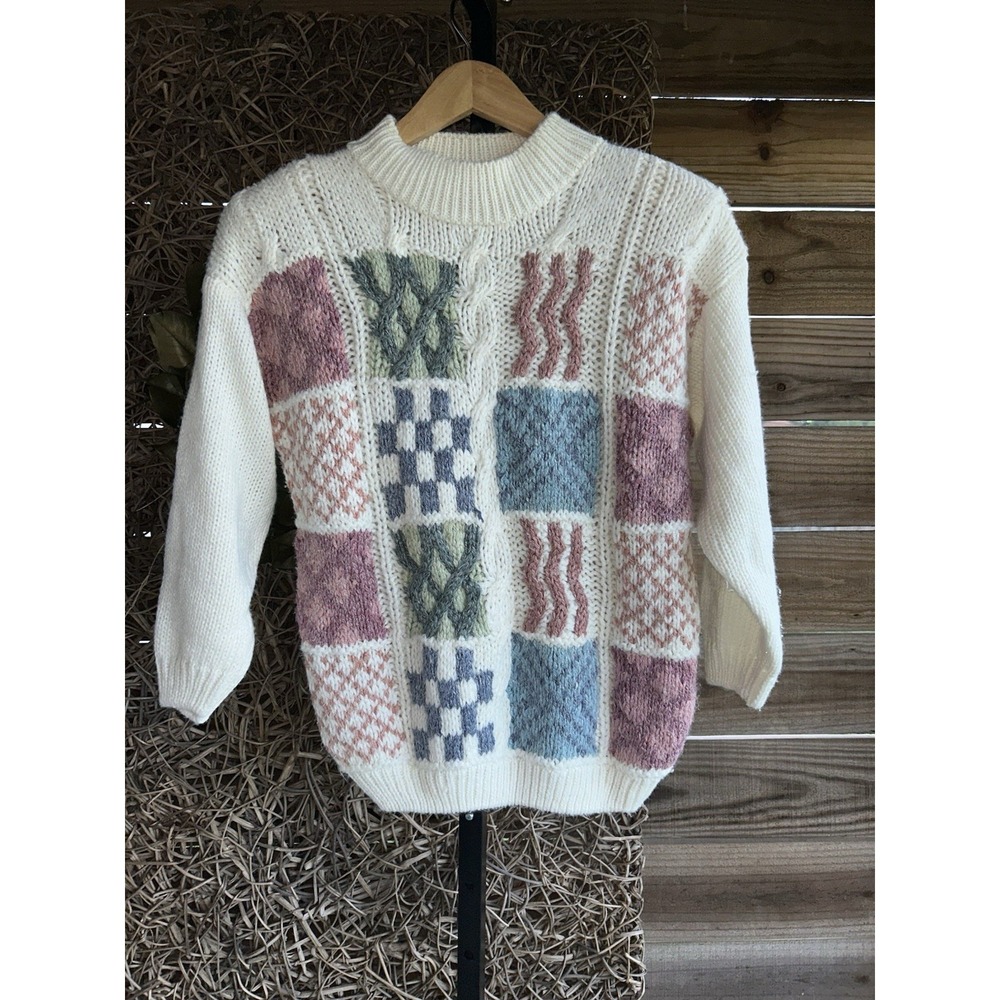 Huntington Ridge Womens Sweater Small White Colorful Patchwork Knitted By Hand - Picture 3 of 5